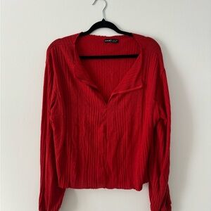 SHEIN Red Ribbed V-Neck Blouse